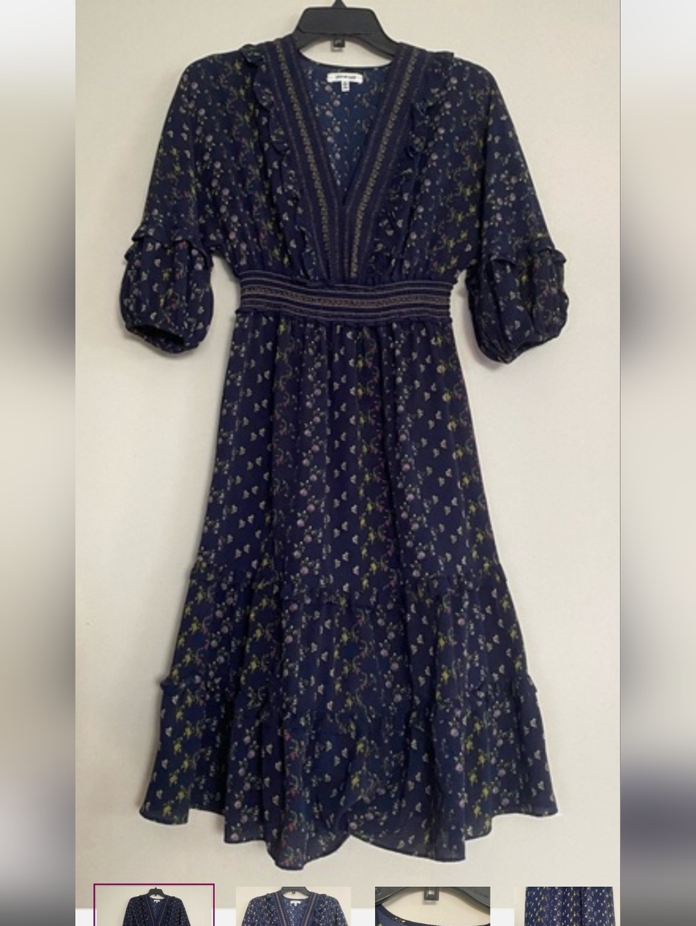 Max Studio Women's Empire Waist V-Neck Dress in Navy Floral — XS